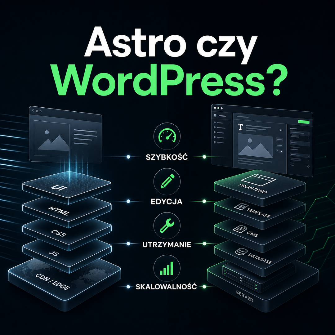 Ciemna grafika blogowa porównująca lekką architekturę strony z systemem CMS