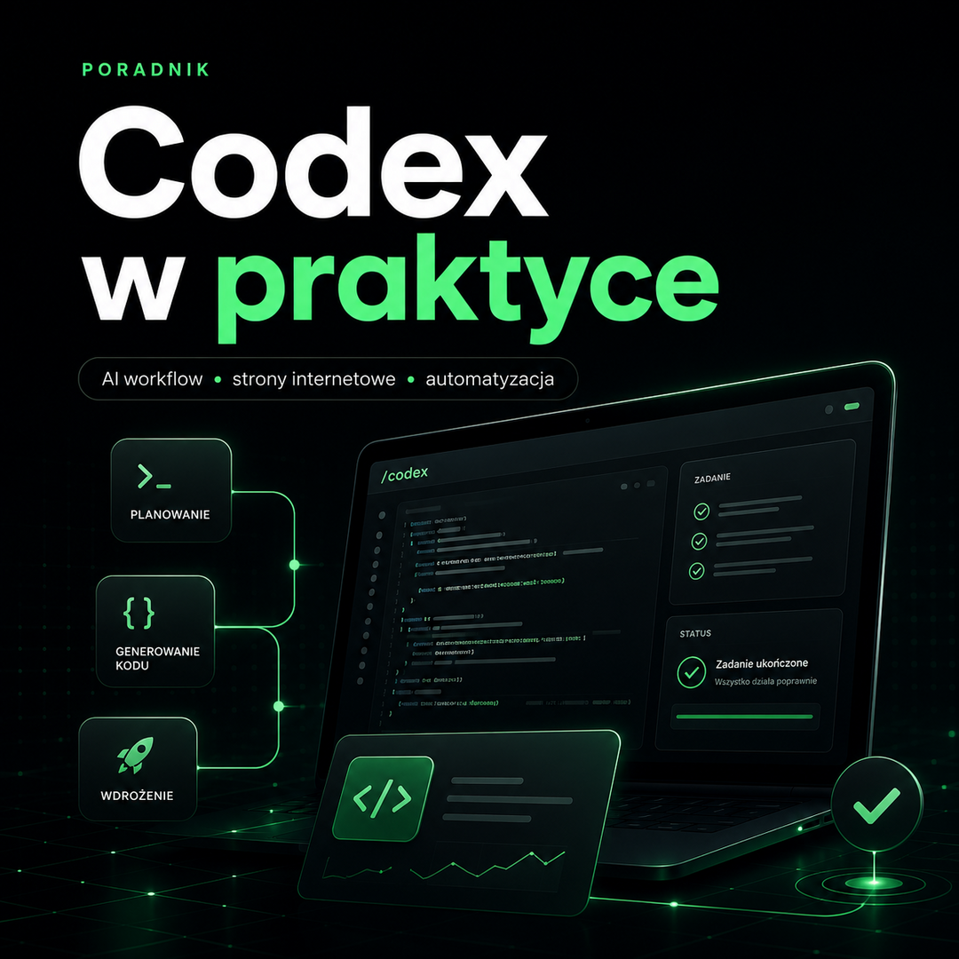 Ciemna grafika blogowa z napisem Codex w praktyce, laptopem, etapami planowania, generowania kodu i wdrożenia